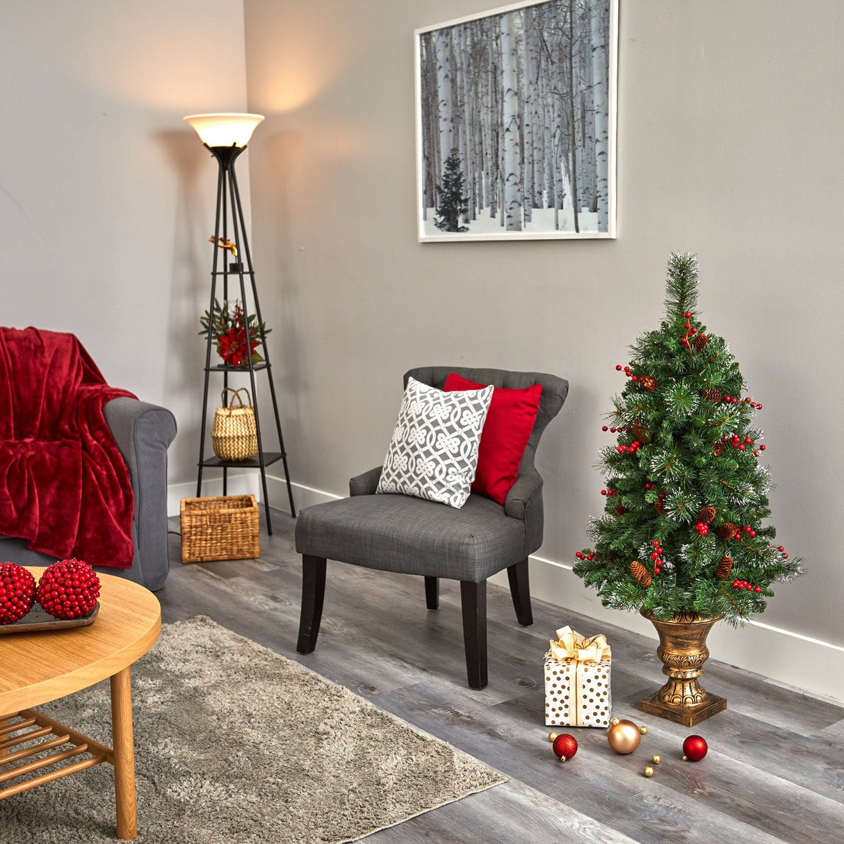 4’ Pine, Pinecone and Berries Artificial Christmas Tree with 100 Clear LED Lights in Decorative Urn-Christmas Tree-Parc Decor