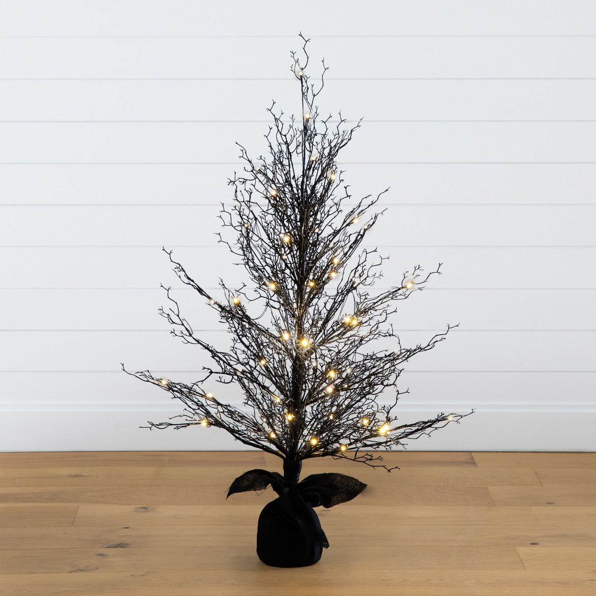 4’ Pre-Lit Halloween Black Twig Artificial Fall Tree in Burlap Planter with 63 Warm White LED Lights-Tree-Parc Decor