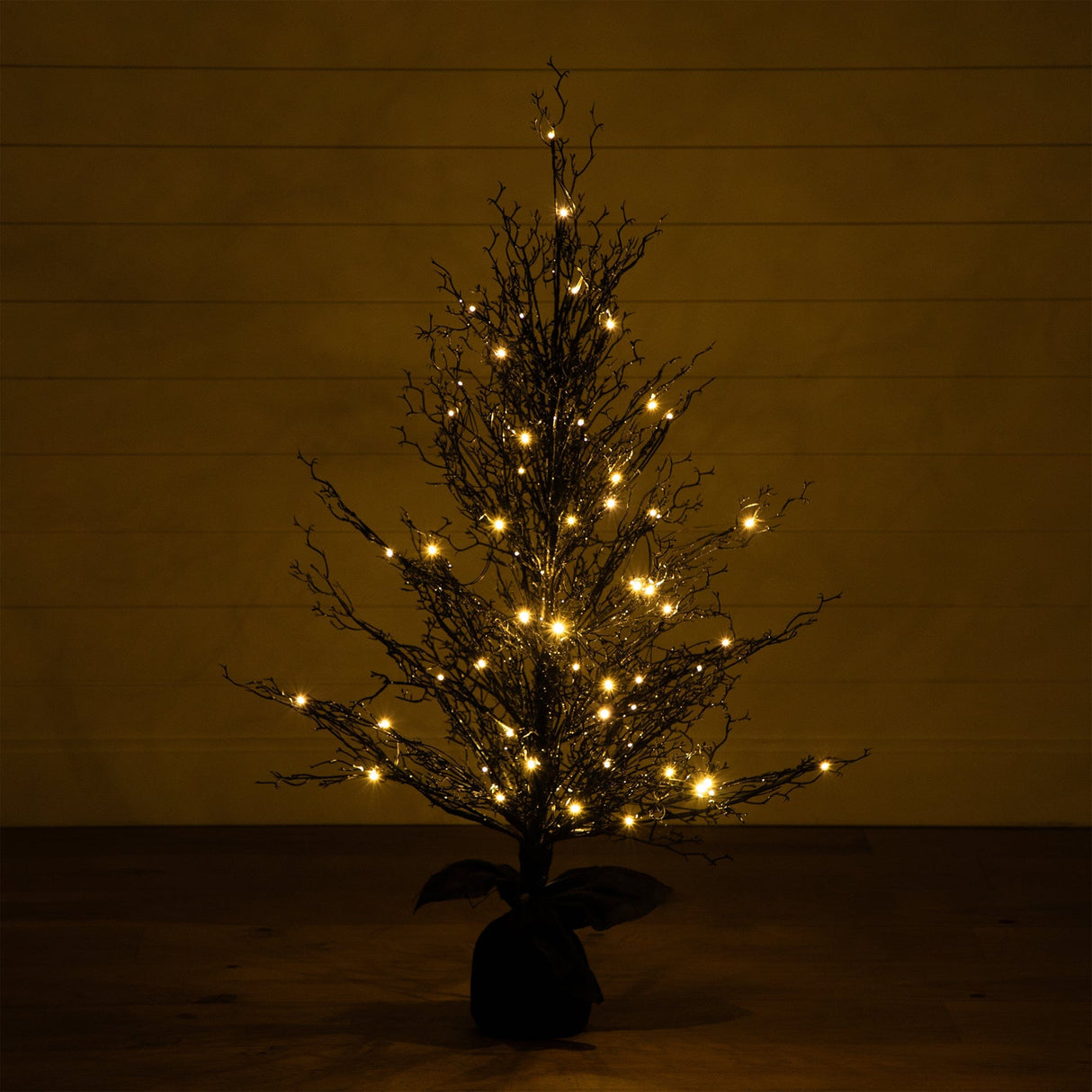 4’ Pre-Lit Halloween Black Twig Artificial Fall Tree in Burlap Planter with 63 Warm White LED Lights-Tree-Parc Decor