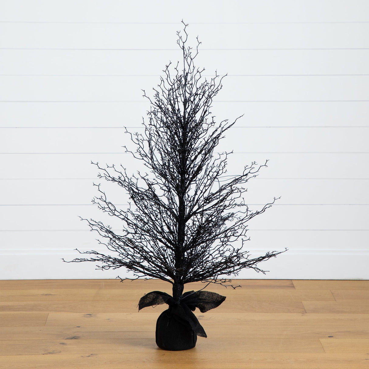 4’ Pre-Lit Halloween Black Twig Artificial Fall Tree in Burlap Planter with 63 Warm White LED Lights-Tree-Parc Decor