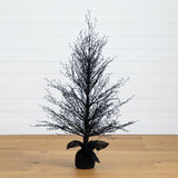 4’ Pre-Lit Halloween Black Twig Artificial Fall Tree in Burlap Planter with 63 Warm White LED Lights-Tree-Parc Decor