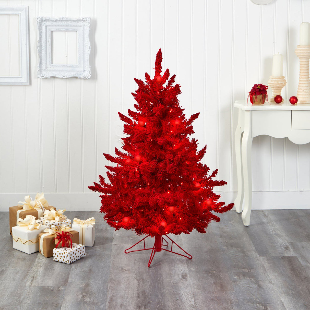 4' Red Flocked Fraser Fir Artificial Christmas Tree-Christmas Tree-Parc Decor
