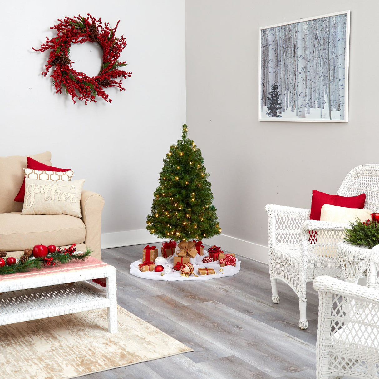 4’ Virginia Fir Artificial Christmas Tree with 100 Clear Lights and 223 Bendable Branches-Christmas Tree-Parc Decor