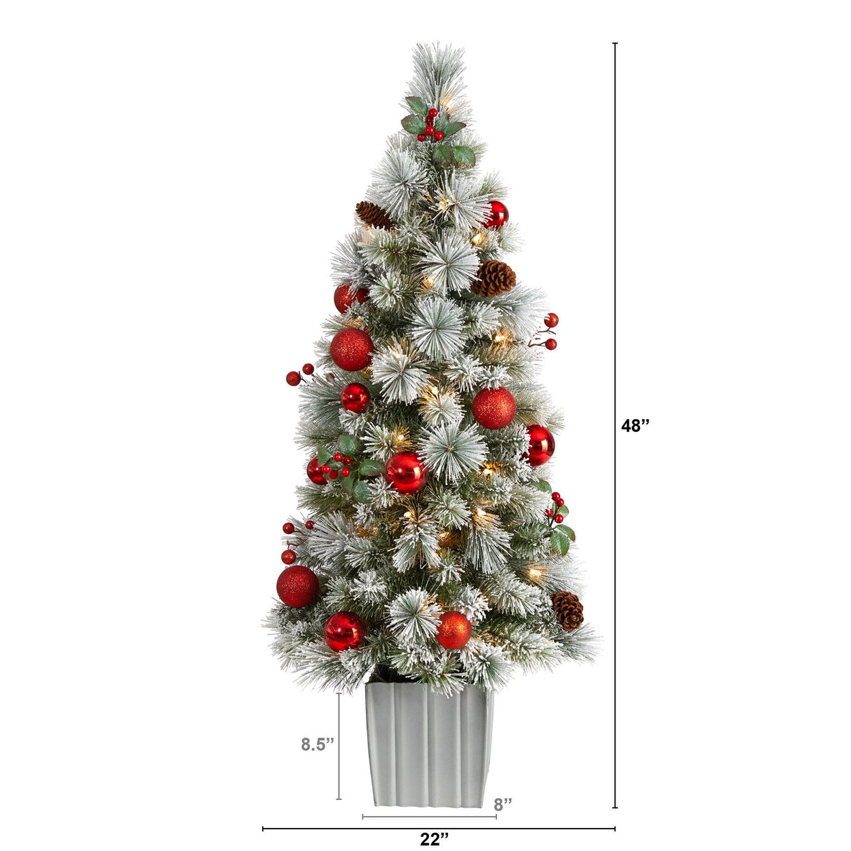 4' Winter Flocked Christmas Tree Pre-Lit with 50 Lights and Ornaments in Decorative Planter-Christmas Tree-Parc Decor