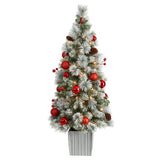 4' Winter Flocked Christmas Tree Pre-Lit with 50 Lights and Ornaments in Decorative Planter-Christmas Tree-Parc Decor