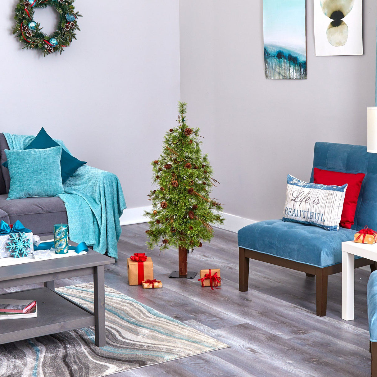 4' Wyoming Alpine Artificial Christmas Tree with 50 Clear (multifunction) LED Lights and Pine Cones on Natural Trunk-Christmas Tree-Parc Decor