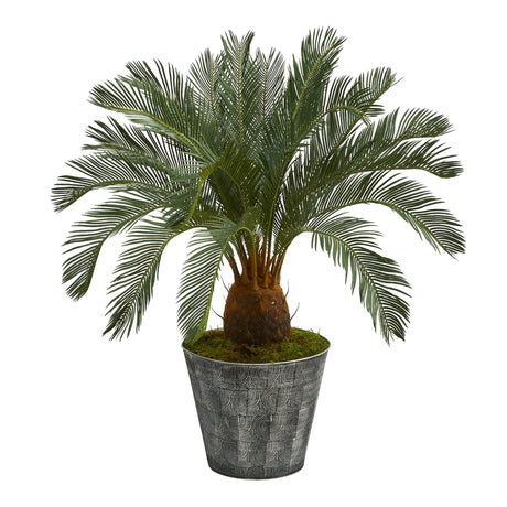 40” Cycas Artificial Tree in Black Embossed Tin Planter-Parc Decor
