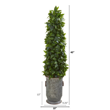 40” Sweet Bay Cone Topiary Artificial Tree in Vintage Metal Planter-Parc Decor