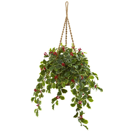 40” Variegated Holly with Berries Artificial Plant in Hanging Basket (Real Touch)-Hanging-Parc Decor