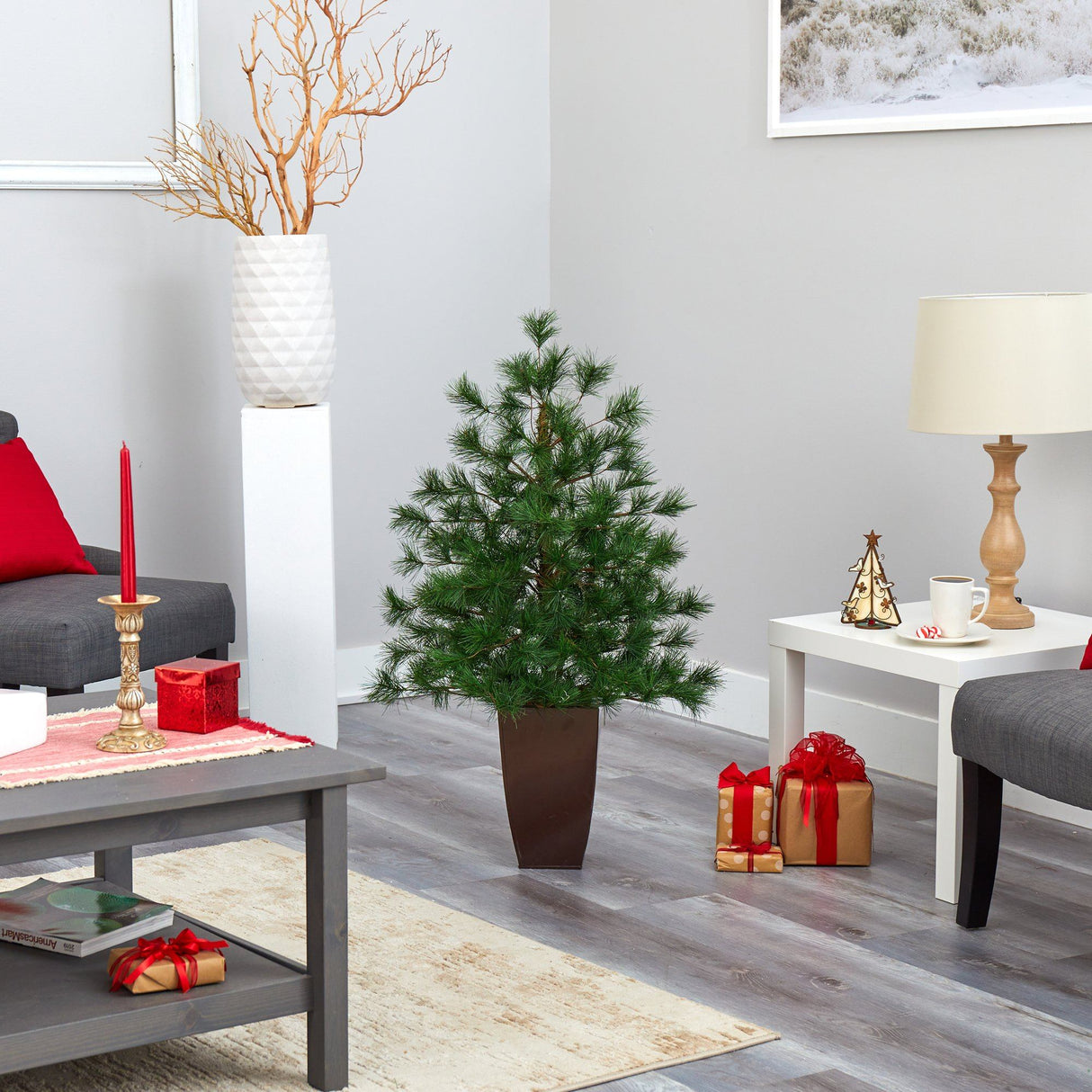 40” Yukon Mixed Pine Artificial Christmas Tree with 213 Bendable Branches in Bronze Metal Planter-Christmas Tree-Parc Decor