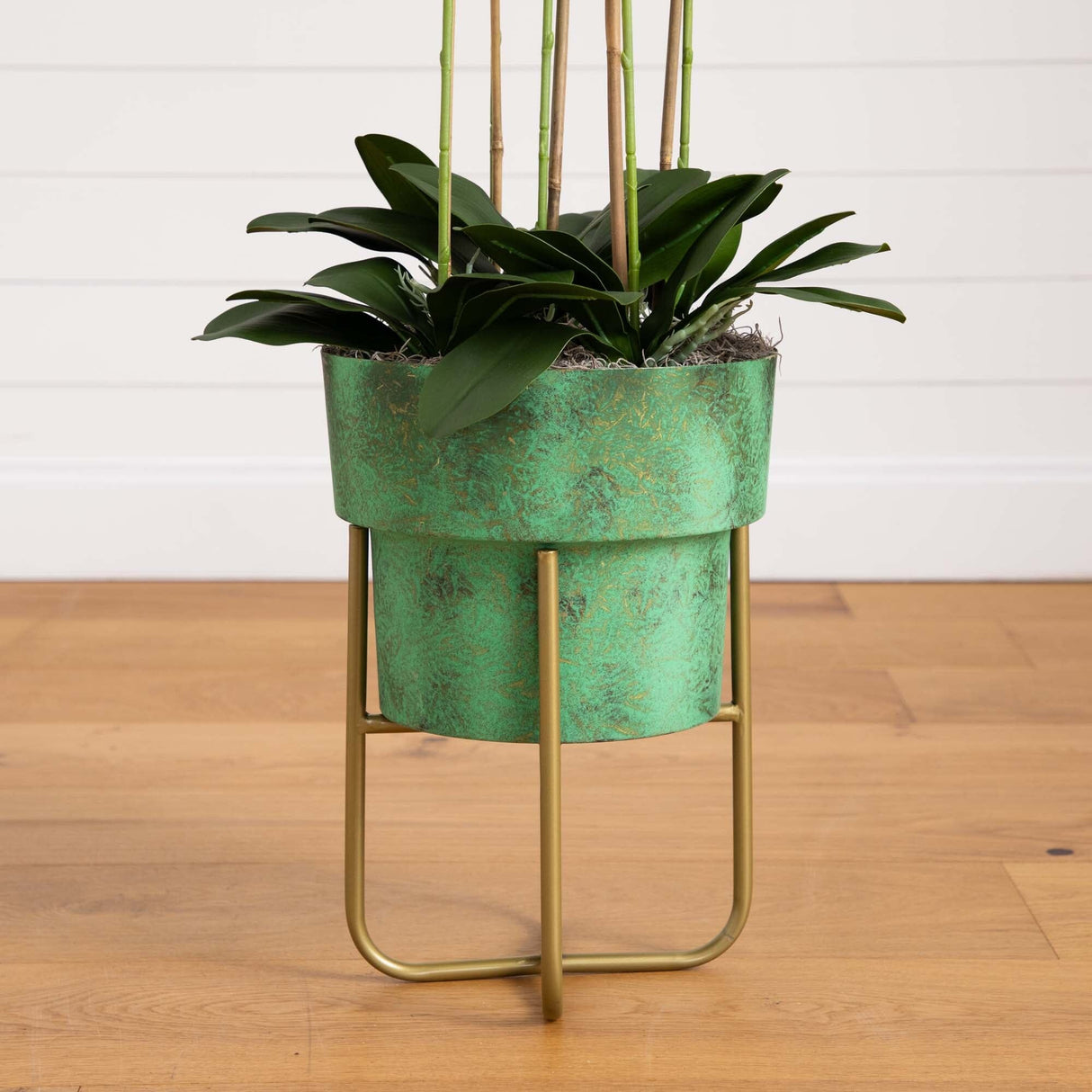43” Artificial Orchid Arrangement in Patina Metal Planter with Stand-Arrangement-Parc Decor