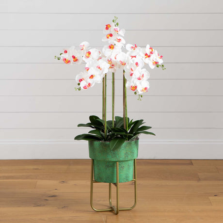43” Artificial Orchid Arrangement in Patina Metal Planter with Stand-Arrangement-Parc Decor