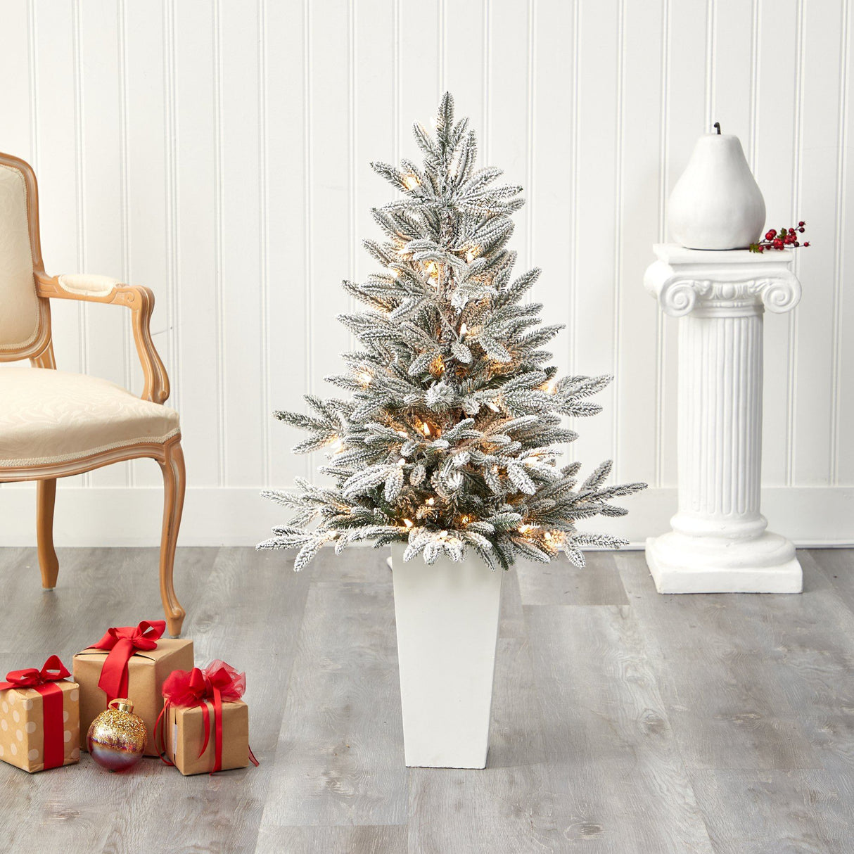 44” Flocked Manchester Spruce Artificial Christmas Tree with 50 Lights and 133 Bendable Branches in White Planter-Christmas Tree-Parc Decor