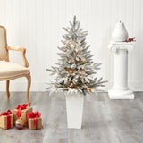 44” Flocked Manchester Spruce Artificial Christmas Tree with 50 Lights and 133 Bendable Branches in White Planter-Christmas Tree-Parc Decor