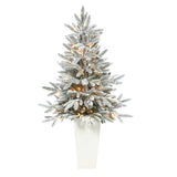 44” Flocked Manchester Spruce Artificial Christmas Tree with 50 Lights and 133 Bendable Branches in White Planter-Christmas Tree-Parc Decor