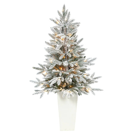 44” Flocked Manchester Spruce Artificial Christmas Tree with 50 Lights and 133 Bendable Branches in White Planter-Christmas Tree-Parc Decor