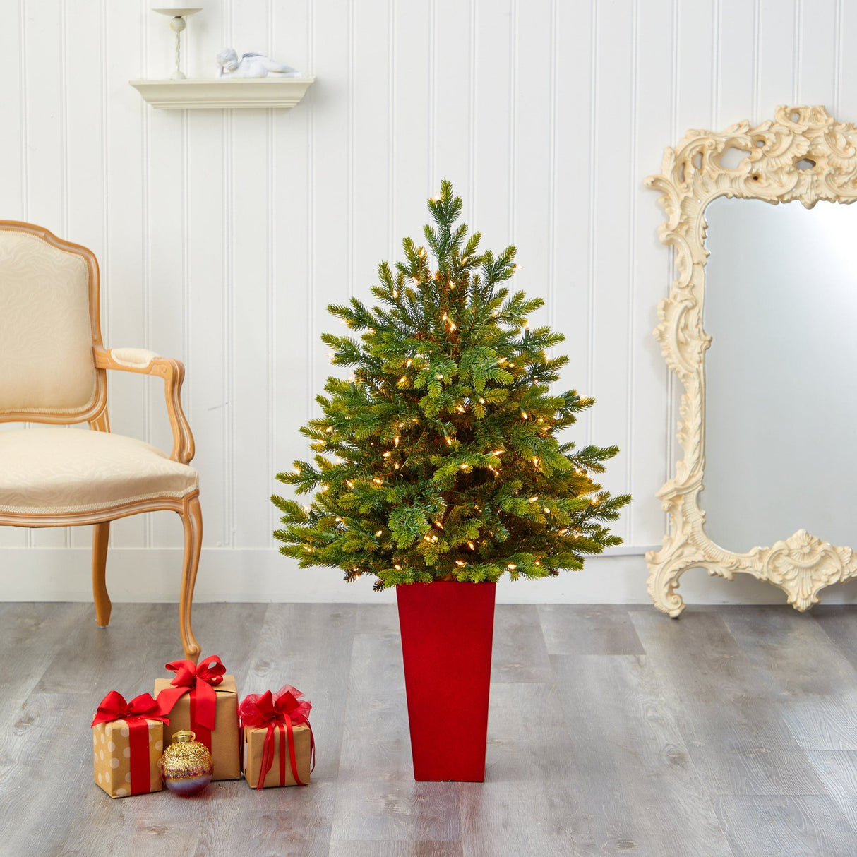 44” North Carolina Fir Artificial Christmas Tree with 150 Clear Lights and 563 Bendable Branches in Red Tower Planter-Christmas Tree-Parc Decor