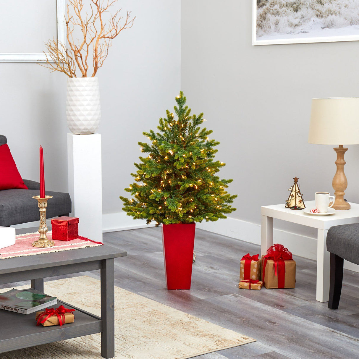 44” North Carolina Fir Artificial Christmas Tree with 150 Clear Lights and 563 Bendable Branches in Red Tower Planter-Christmas Tree-Parc Decor