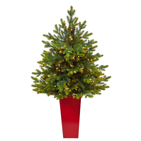 44” North Carolina Fir Artificial Christmas Tree with 150 Clear Lights and 563 Bendable Branches in Red Tower Planter-Christmas Tree-Parc Decor