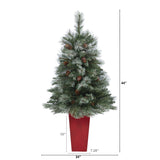 44” Snowed French Alps Mountain Pine Artificial Christmas Tree with 135 Bendable Branches and Pine Cones in Red Planter-Christmas Tree-Parc Decor