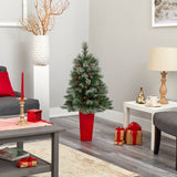 44” Snowed French Alps Mountain Pine Artificial Christmas Tree with 135 Bendable Branches and Pine Cones in Red Planter-Christmas Tree-Parc Decor