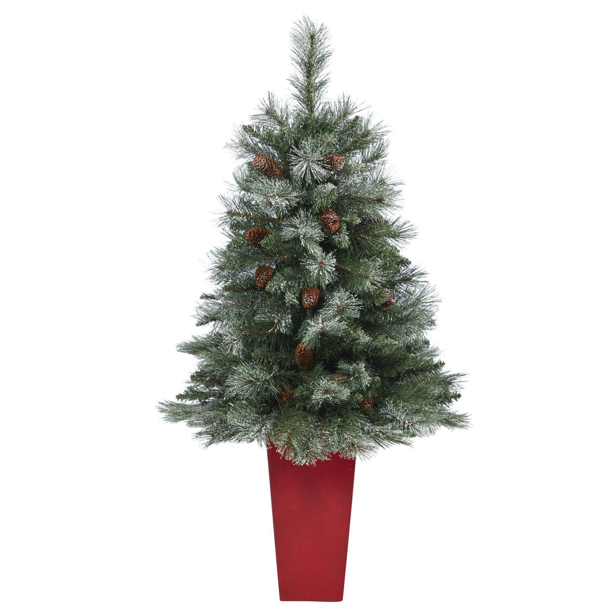 44” Snowed French Alps Mountain Pine Artificial Christmas Tree with 135 Bendable Branches and Pine Cones in Red Planter-Christmas Tree-Parc Decor
