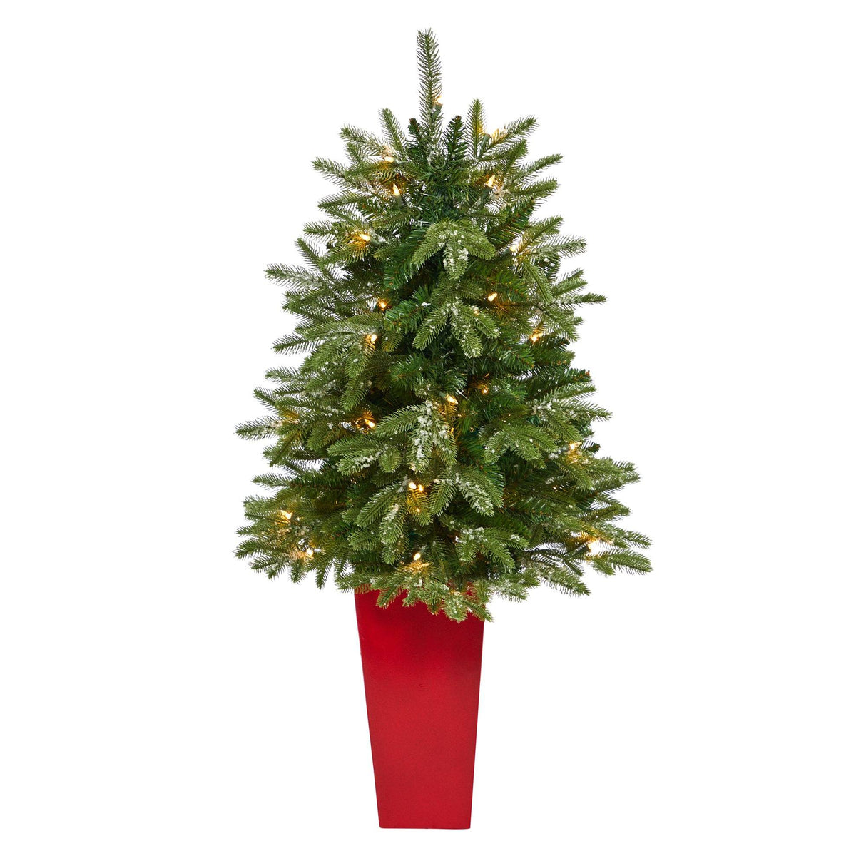 44” Snowed Grand Teton Fir Artificial Christmas Tree with 50 Clear Lights and 111 Bendable Branches in Red Planter-Christmas Tree-Parc Decor