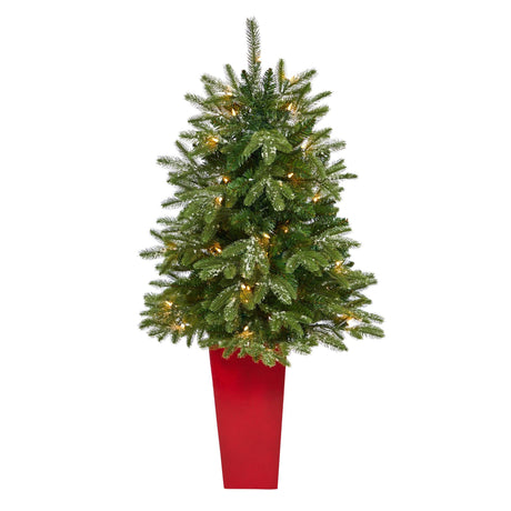 44” Snowed Grand Teton Fir Artificial Christmas Tree with 50 Clear Lights and 111 Bendable Branches in Red Planter-Christmas Tree-Parc Decor