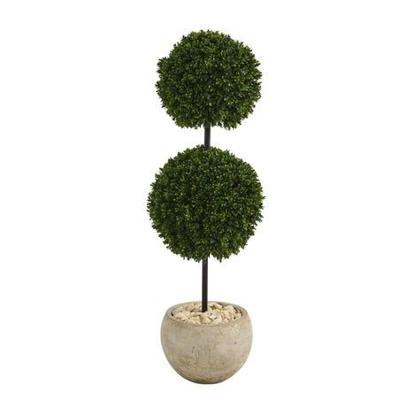 45” Boxwood Double Ball Artificial Topiary Tree in Sand Colored Planter (Indoor/Outdoor)-Parc Decor