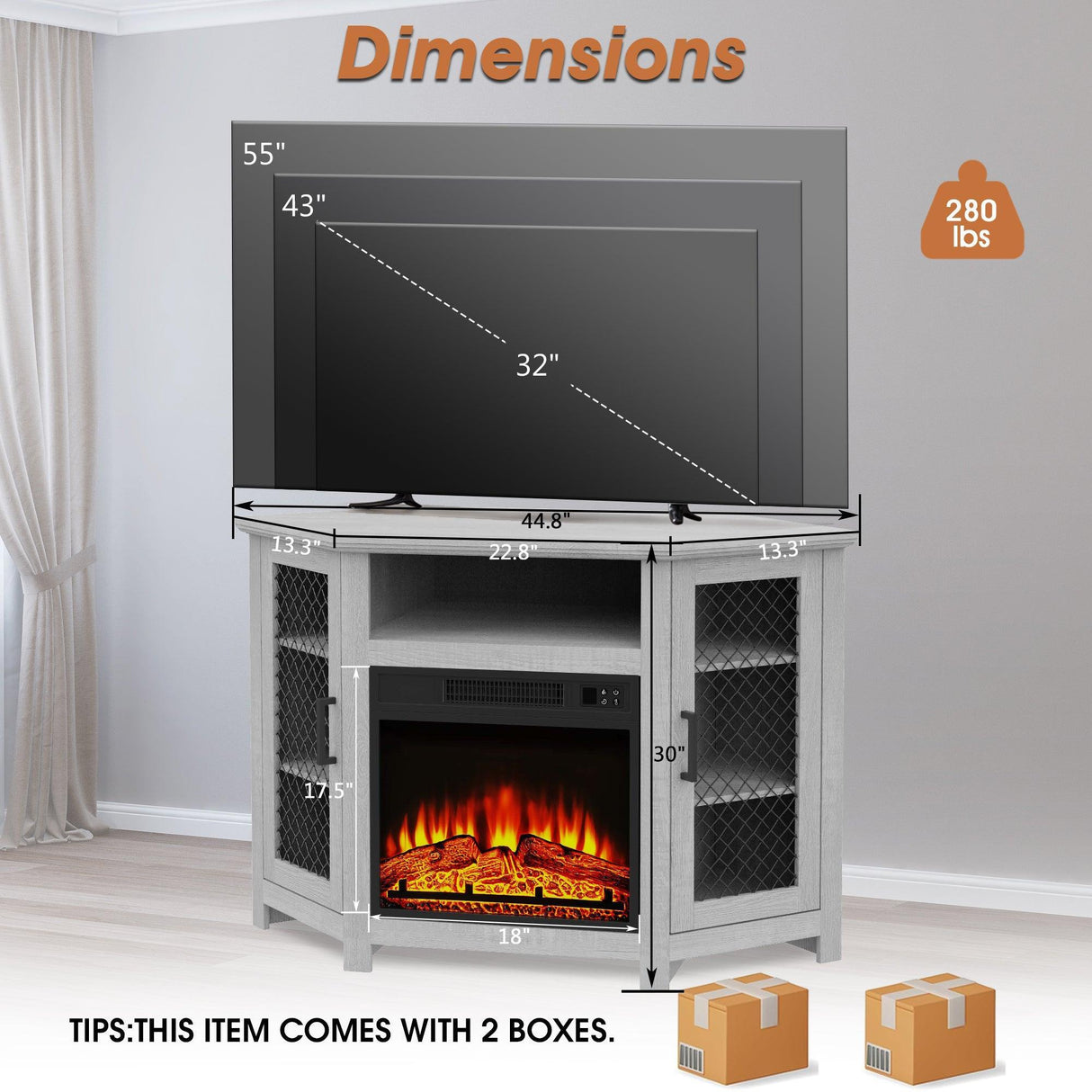 45" Corner Electric Fireplace TV Stands Console Table Insert 18" Electric Fireplace with 2 Metal Mesh Doors-Parc Decor