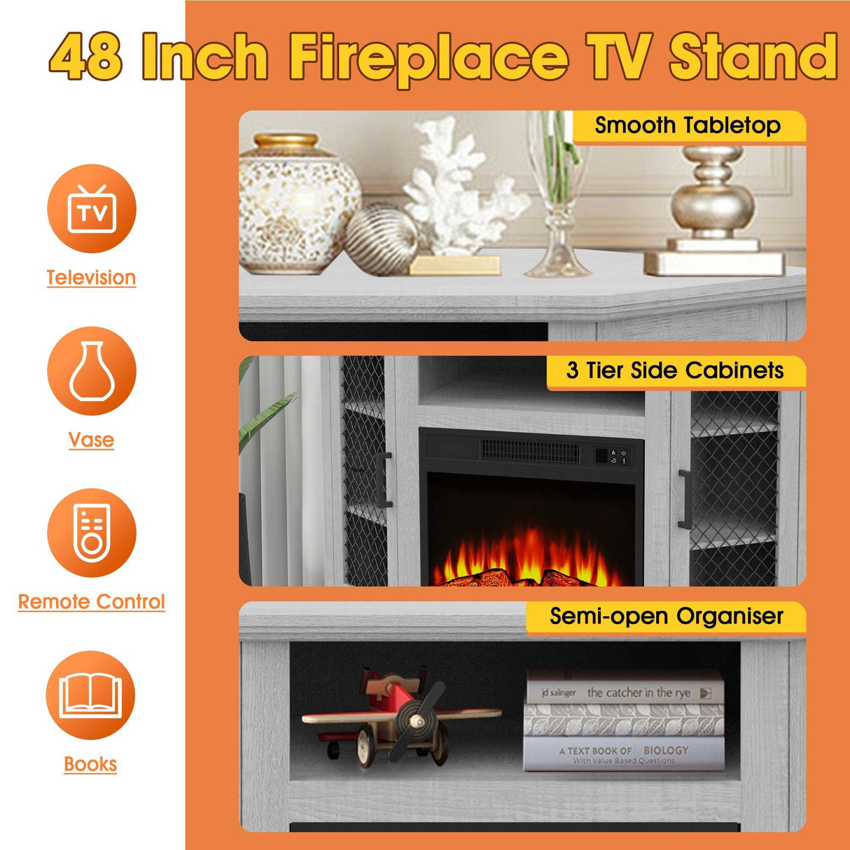 45" Corner Electric Fireplace TV Stands Console Table Insert 18" Electric Fireplace with 2 Metal Mesh Doors-Parc Decor