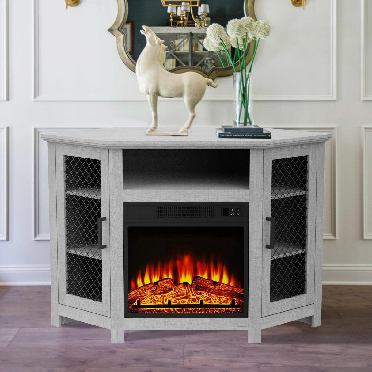45" Corner Electric Fireplace TV Stands Console Table Insert 18" Electric Fireplace with 2 Metal Mesh Doors-Parc Decor