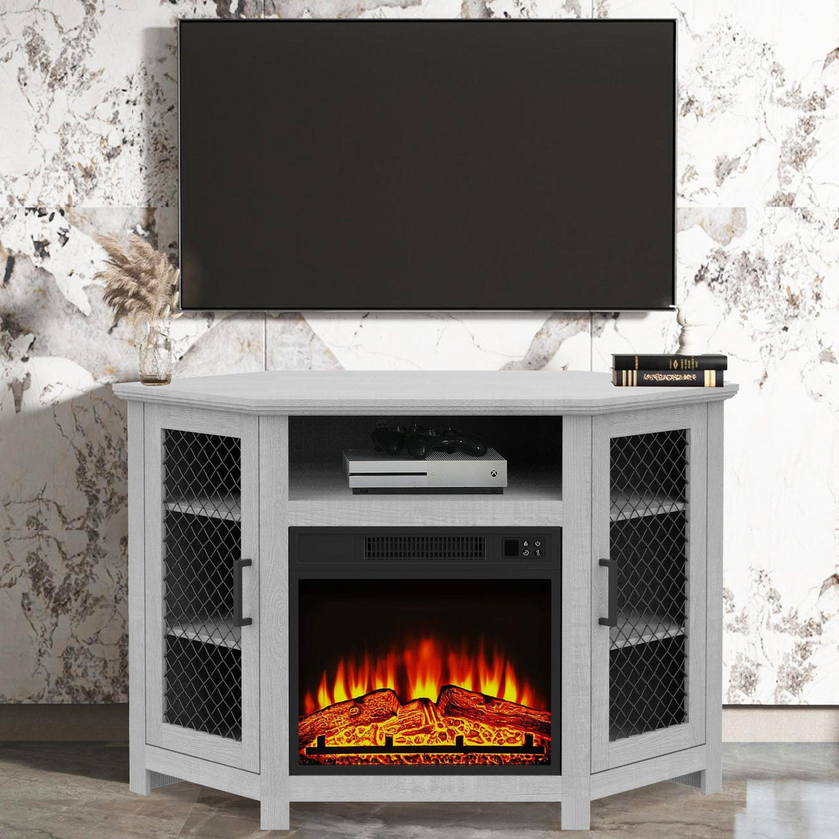 45" Corner Electric Fireplace TV Stands Console Table Insert 18" Electric Fireplace with 2 Metal Mesh Doors-Parc Decor