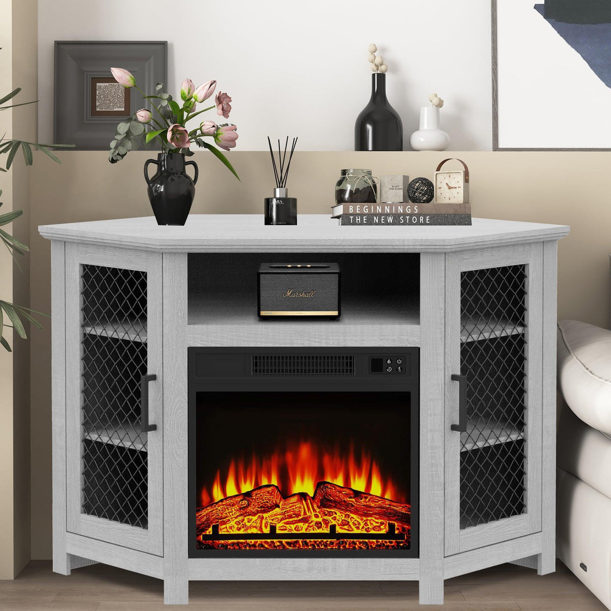 45" Corner Electric Fireplace TV Stands Console Table Insert 18" Electric Fireplace with 2 Metal Mesh Doors-Parc Decor