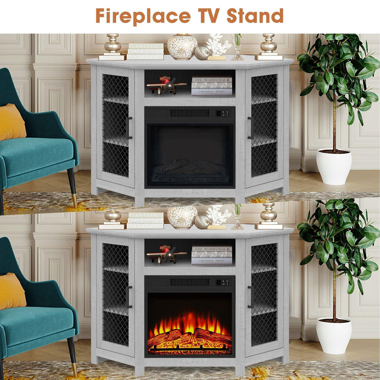 45" Corner Electric Fireplace TV Stands Console Table Insert 18" Electric Fireplace with 2 Metal Mesh Doors-Parc Decor