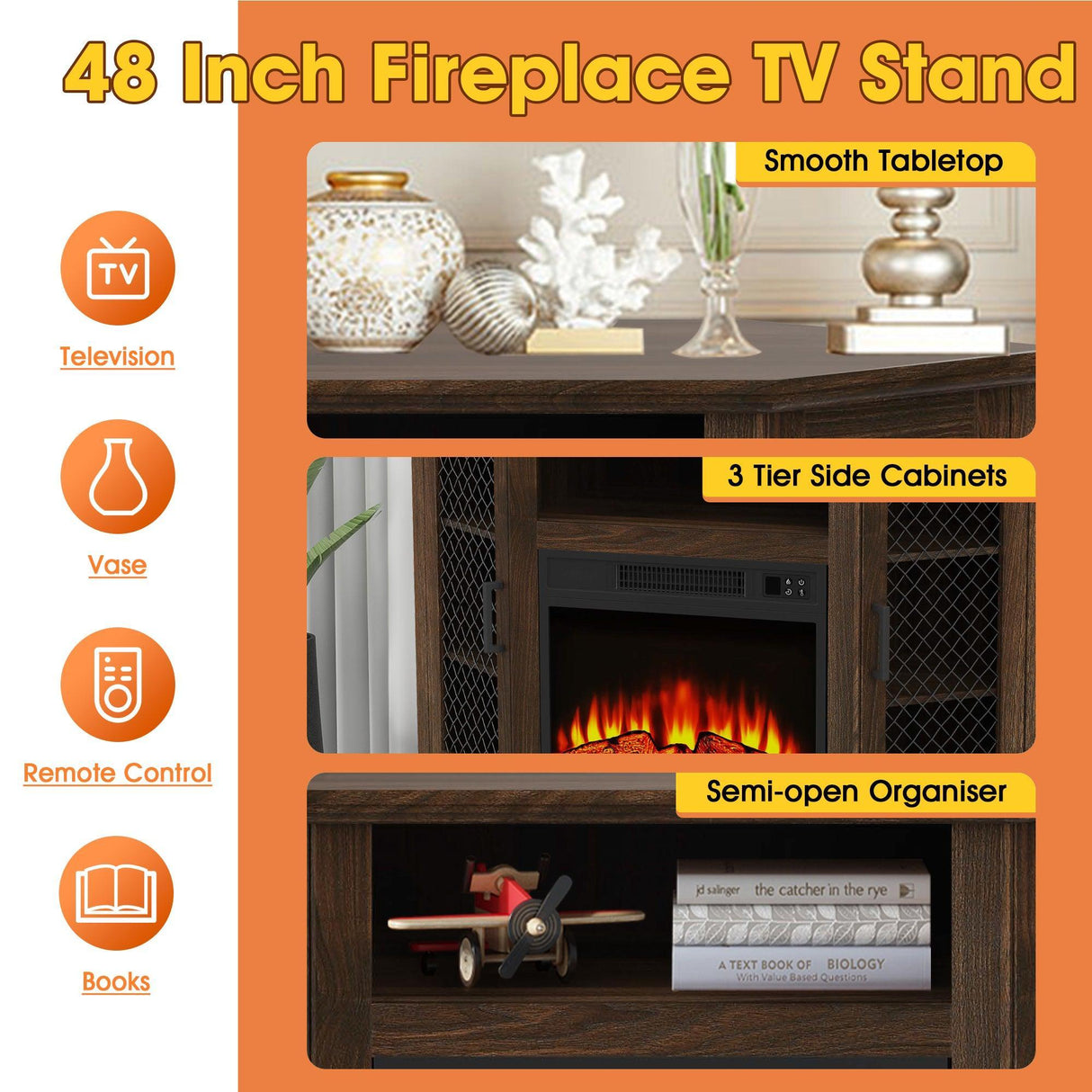 45" Corner Electric Fireplace TV Stands Console Table Insert 18" Electric Fireplace with 2 Metal Mesh Doors-Parc Decor