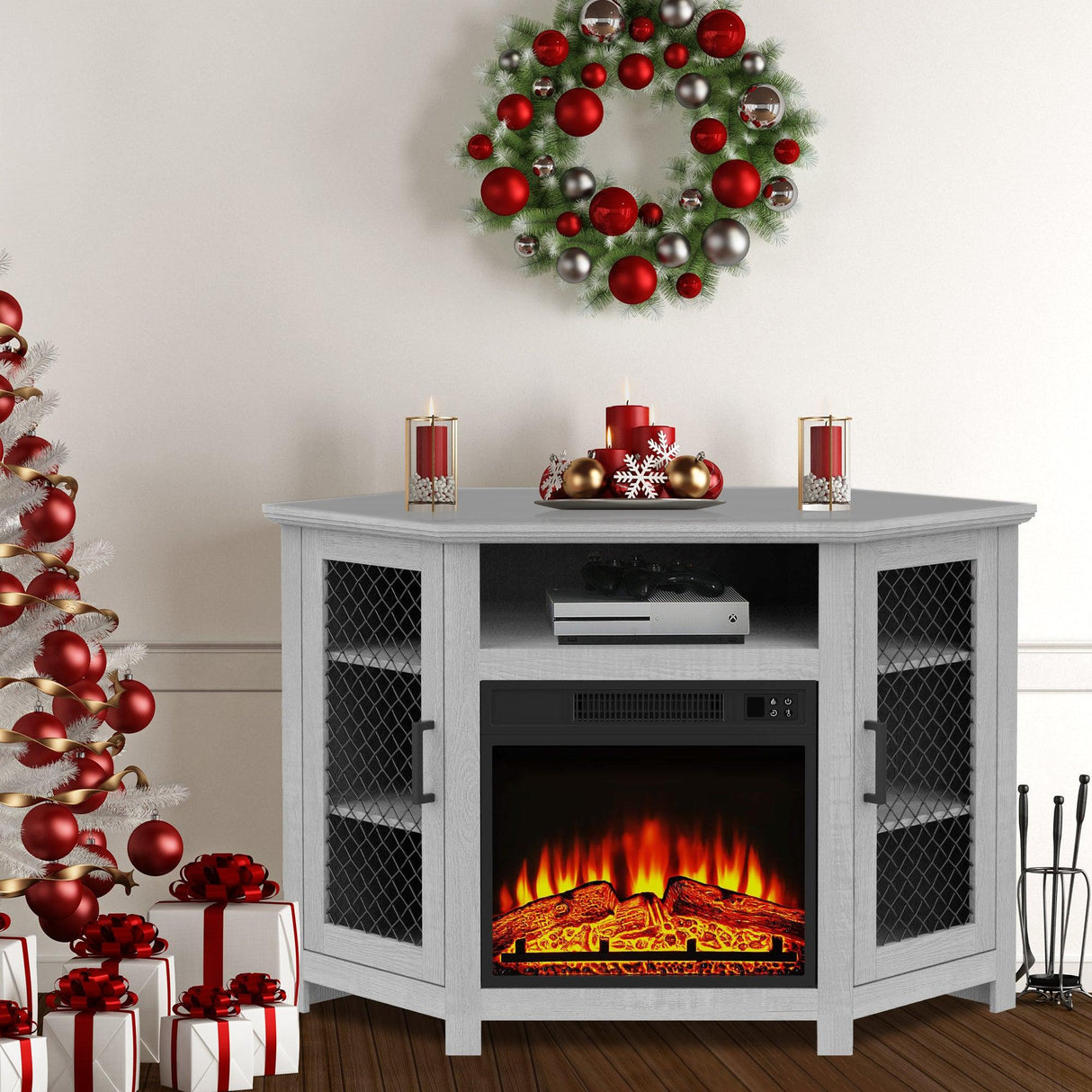 45" Corner Electric Fireplace TV Stands Console Table Insert 18" Electric Fireplace with 2 Metal Mesh Doors-Parc Decor