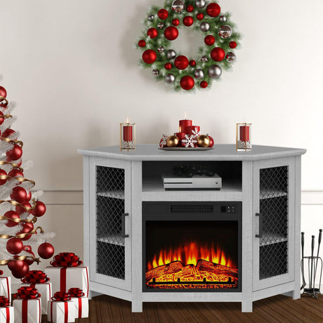 45" Corner Electric Fireplace TV Stands Console Table Insert 18" Electric Fireplace with 2 Metal Mesh Doors-Parc Decor
