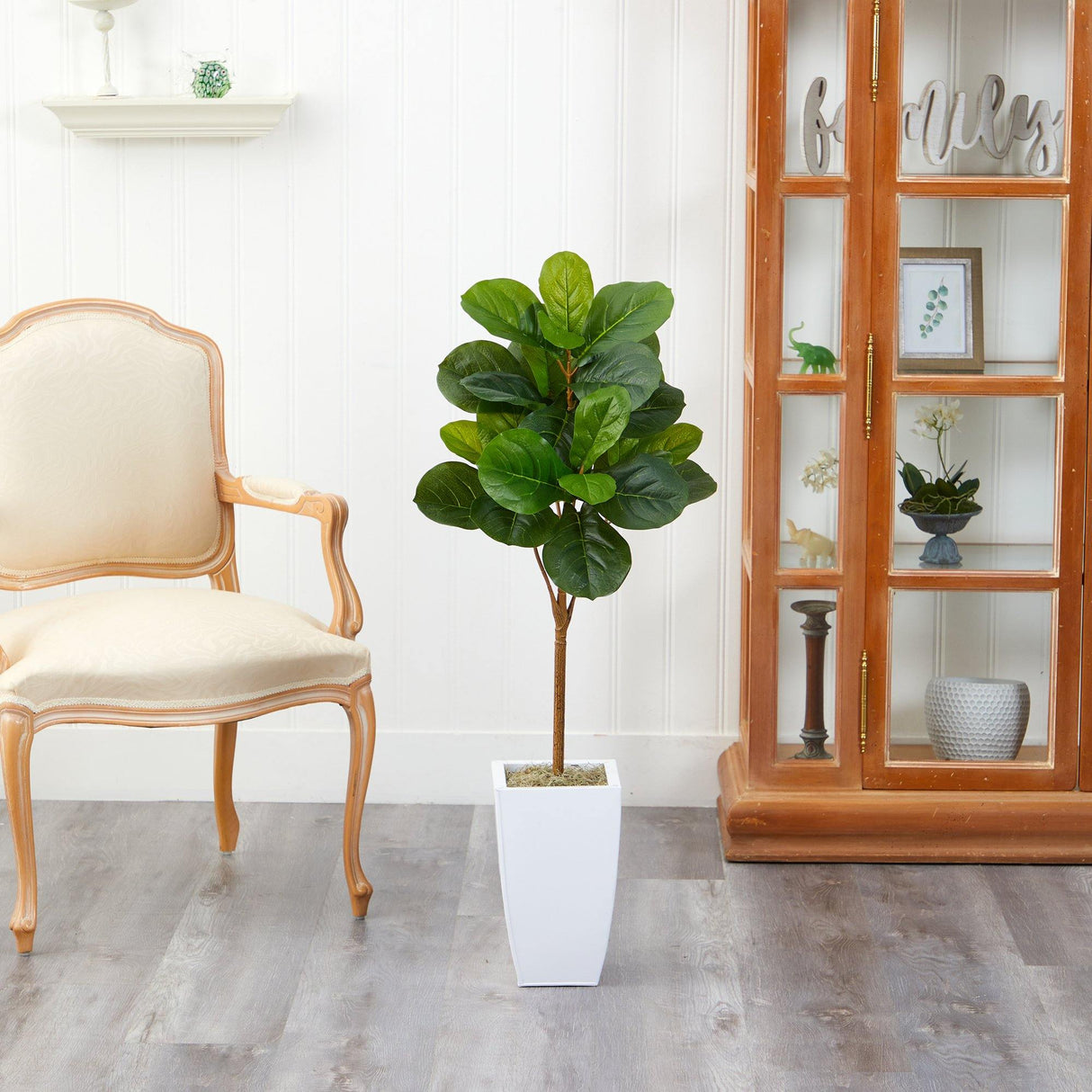 45” Fiddle Leaf Artificial Tree in White Metal Planter-Parc Decor