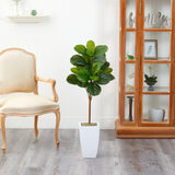 45” Fiddle Leaf Artificial Tree in White Metal Planter-Parc Decor