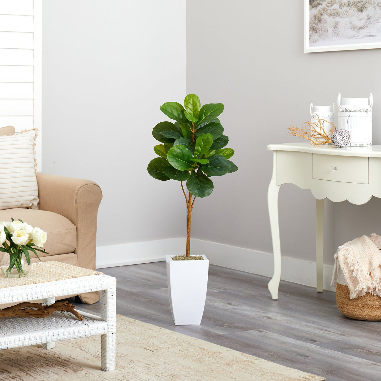 45” Fiddle Leaf Artificial Tree in White Metal Planter-Parc Decor