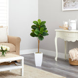45” Fiddle Leaf Artificial Tree in White Metal Planter-Parc Decor