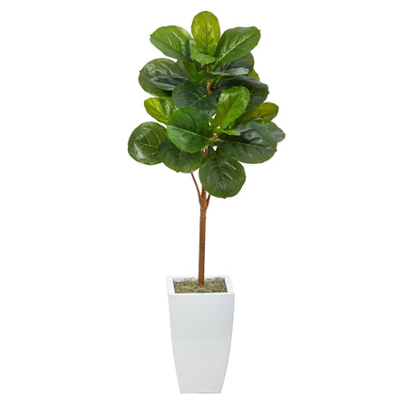 45” Fiddle Leaf Artificial Tree in White Metal Planter-Parc Decor