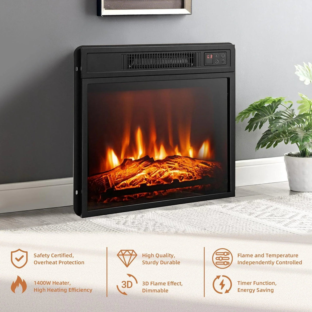 45" Corner Electric Fireplace TV Stands Console Table Insert 18" Electric Fireplace with 2 Metal Mesh Doors