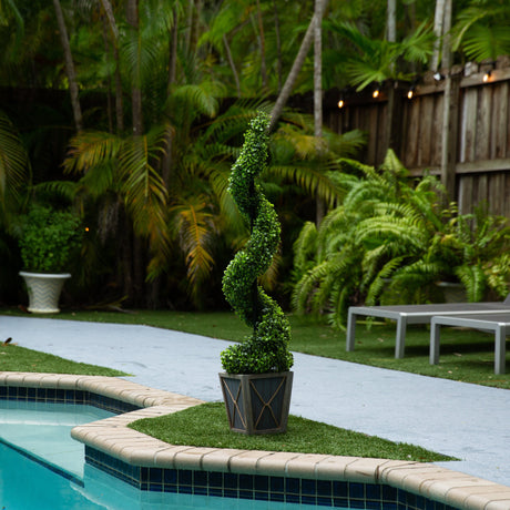45” UV Resistant Artificial Boxwood Spiral Topiary Tree with LED Lights in Decorative Planter (Indoor/Outdoor)-Parc Decor