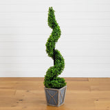 45” UV Resistant Artificial Boxwood Spiral Topiary Tree with LED Lights in Decorative Planter (Indoor/Outdoor)-Tree-Parc Decor