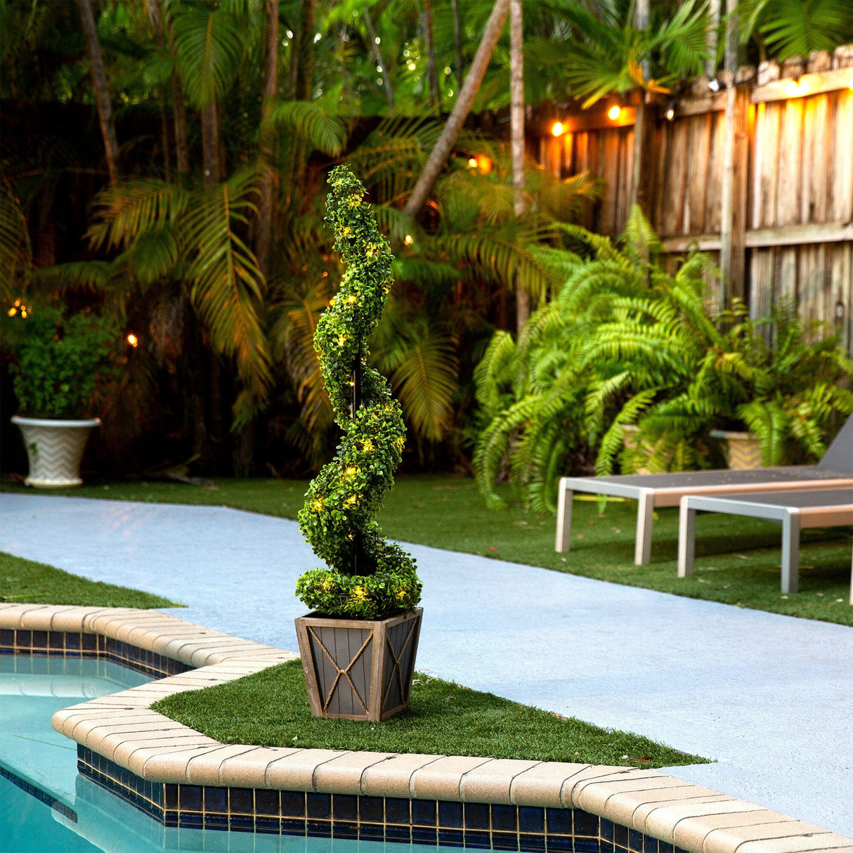 45” UV Resistant Artificial Boxwood Spiral Topiary Tree with LED Lights in Decorative Planter (Indoor/Outdoor)-Tree-Parc Decor