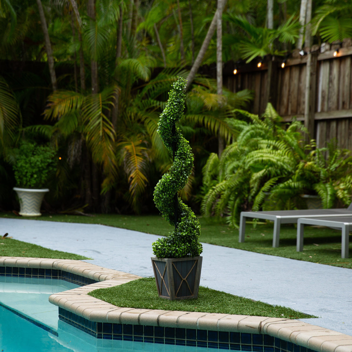 45” UV Resistant Artificial Boxwood Spiral Topiary Tree with LED Lights in Decorative Planter (Indoor/Outdoor)-Tree-Parc Decor