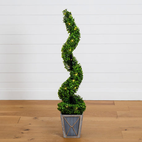 45” UV Resistant Artificial Boxwood Spiral Topiary Tree with LED Lights in Decorative Planter (Indoor/Outdoor)-Parc Decor
