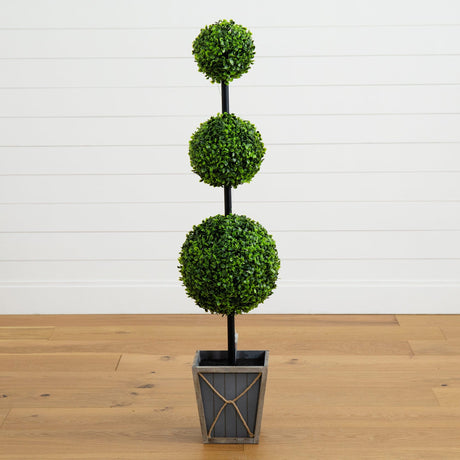 45" UV Resistant Artificial Triple Ball Boxwood Topiary with LED Lights in Decorative Planter (Indoor/Outdoor)-Tree-Parc Decor